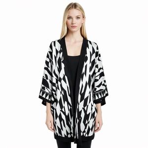 Misook Black White Geometric Acrylic Knit Kimono Cardigan Relaxed Chic Size XL